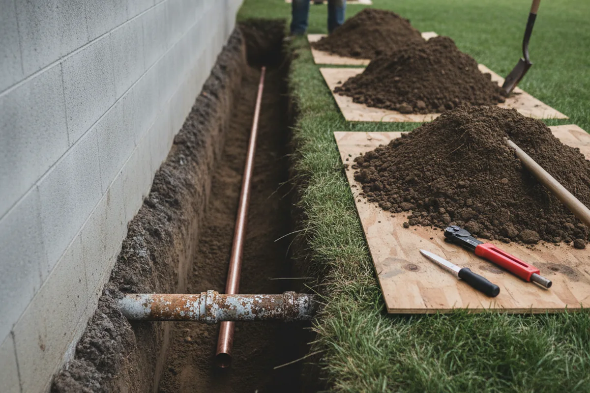 Excavated water line trench during Water Softener Installation in Middle Island
